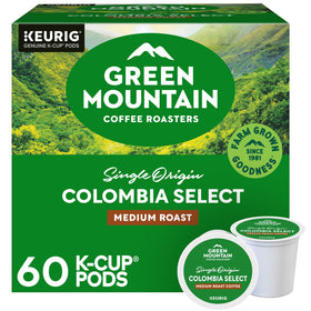 Green Mountain Colombia Select pack-shot showing a 60-count K-Cups box for busy mornings