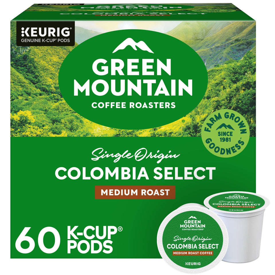 Green Mountain Colombia Select pack-shot showing a 60-count K-Cups box for busy mornings