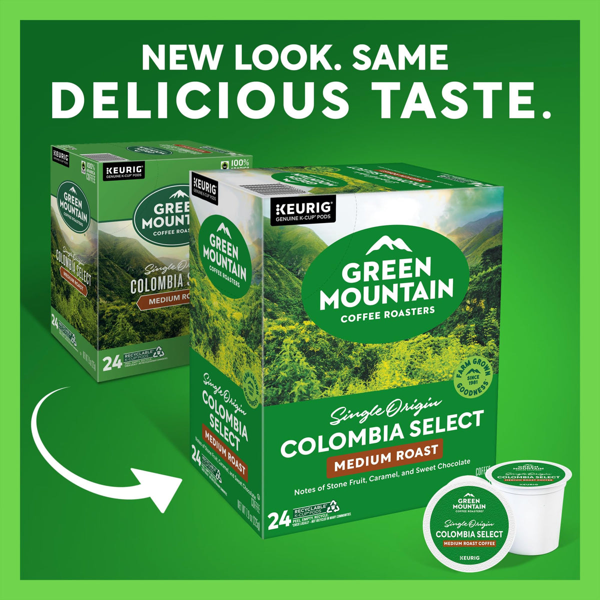 Close-up of Green Mountain Colombia Select K-Cup pod reveals rich ground coffee aroma.