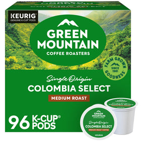 Green Mountain Coffee Roasters Colombia Select pod packaging highlights recyclable pods for easy sustainability.