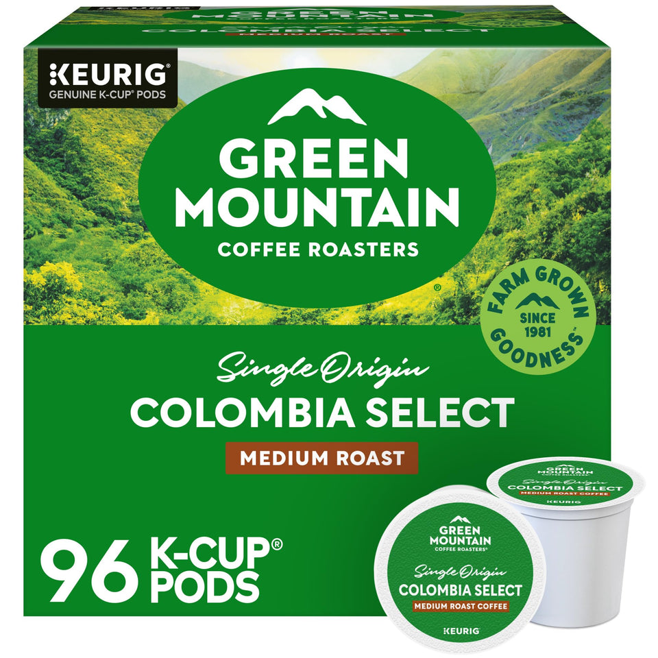 Green Mountain Coffee Roasters Colombia Select pod packaging highlights recyclable pods for easy sustainability.