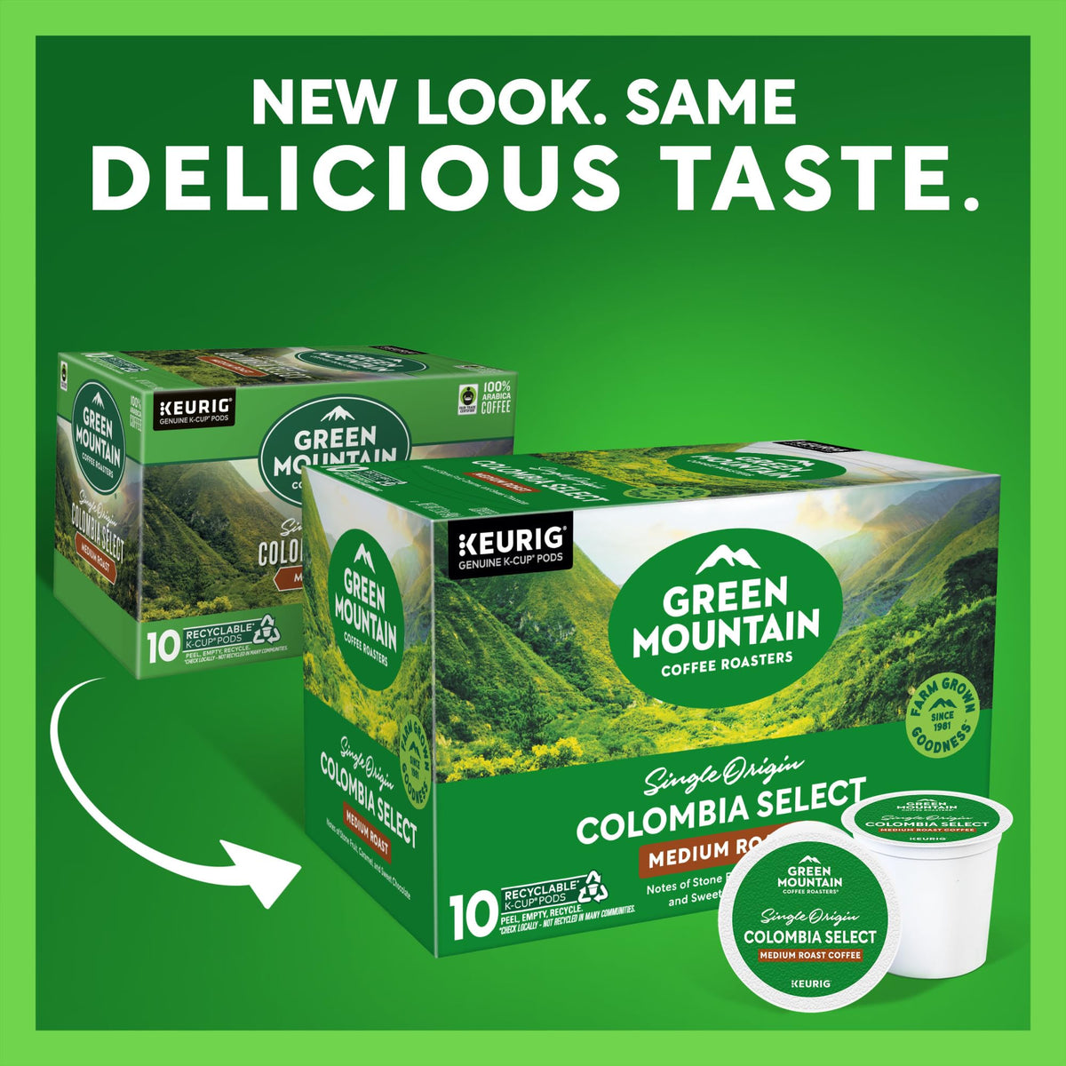 Green Mountain Colombia Select tasting notes close-up with caramel, cocoa, and bright fruit