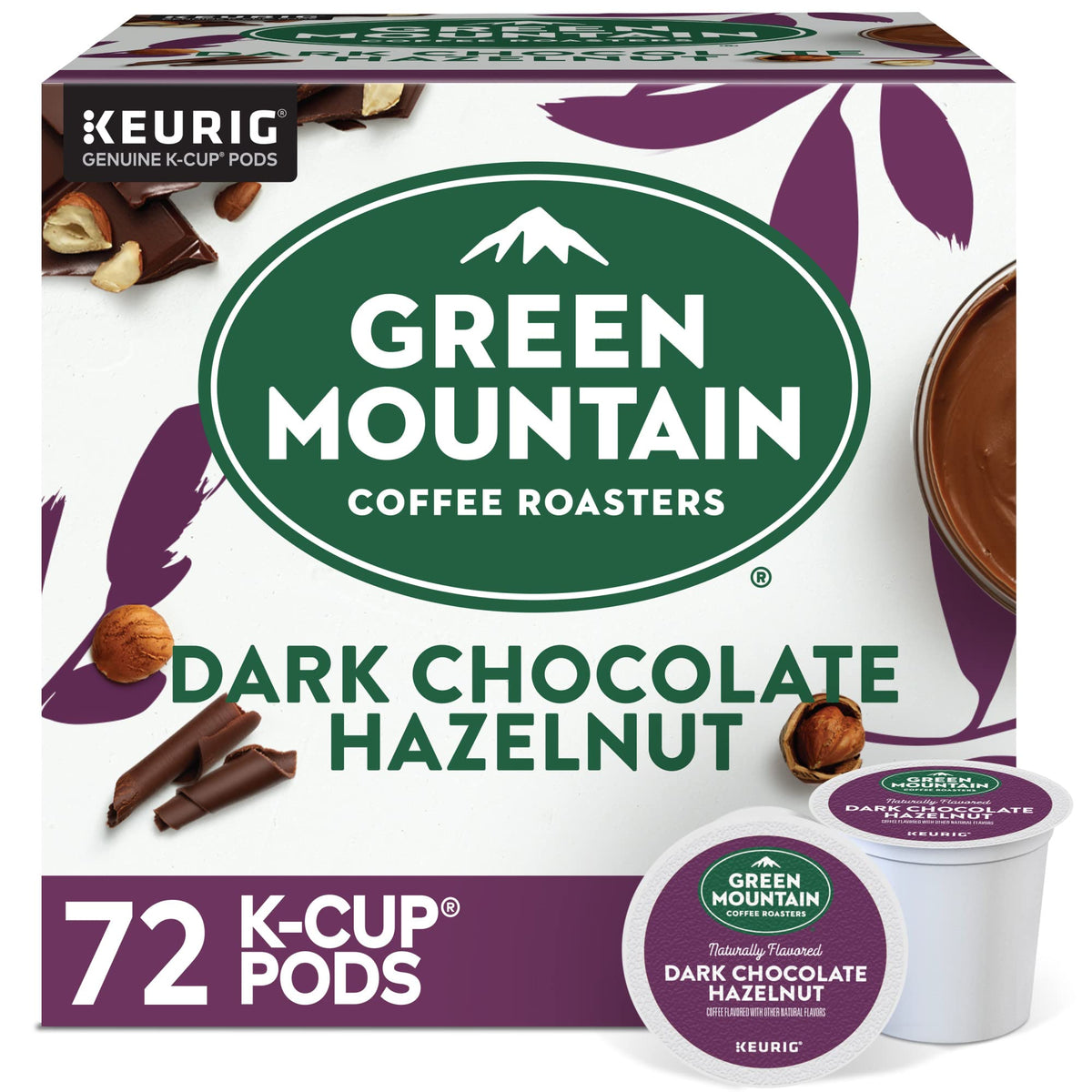 Green Mountain Dark Chocolate Hazelnut K-Cup Pod highlights bold flavor and single-serve convenience