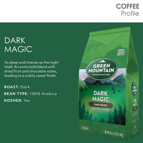 Green Mountain Dark Magic bag beside glossy coffee beans in kitchen.