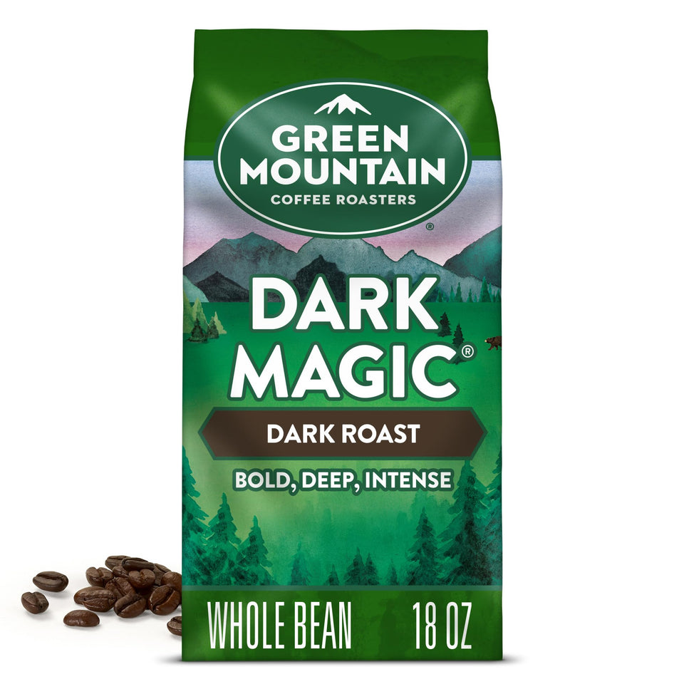 Green Mountain Dark Magic bag on a shelf invites a bold, full-bodied morning brew.