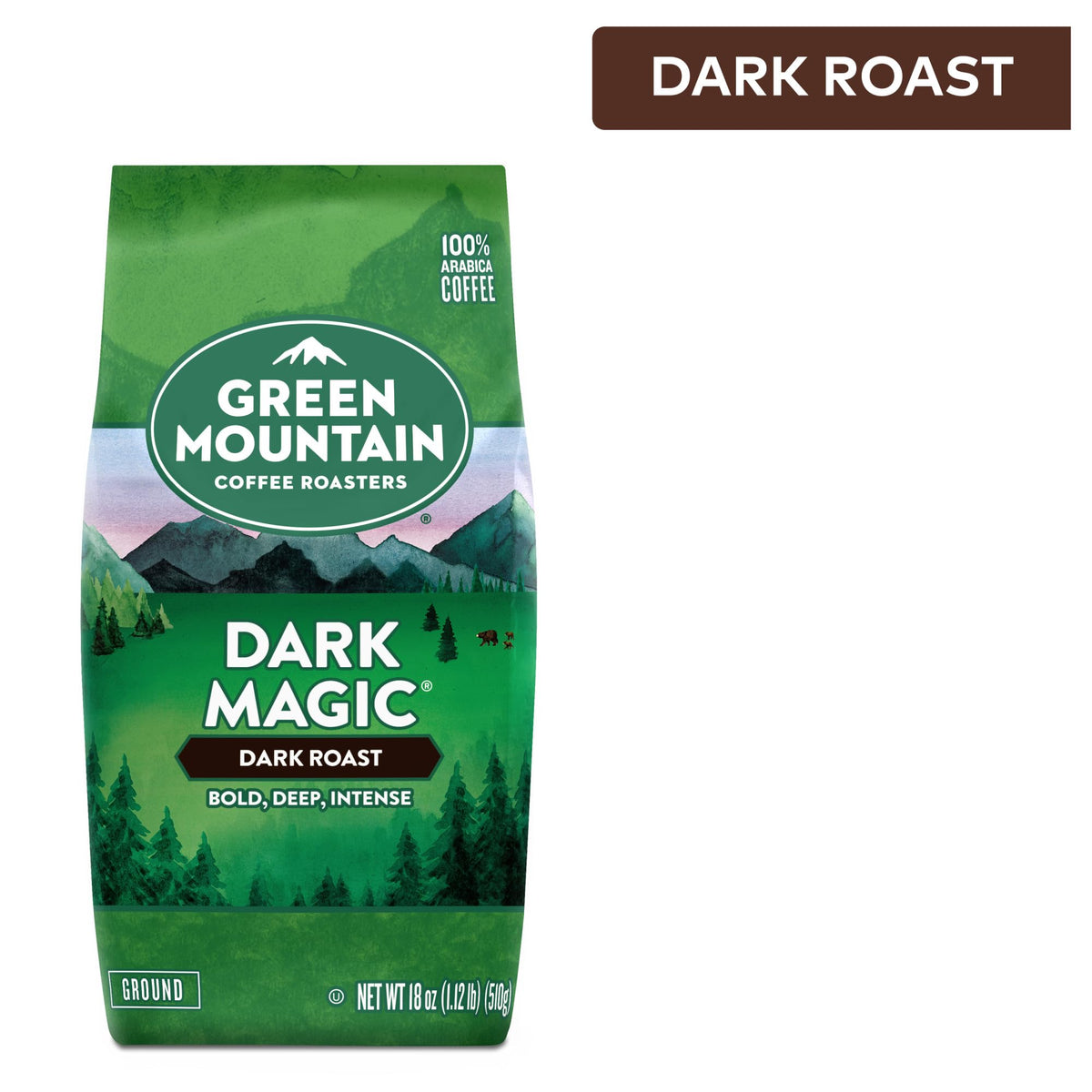 Green Mountain Dark Magic packaging emphasizes 100% Arabica quality.