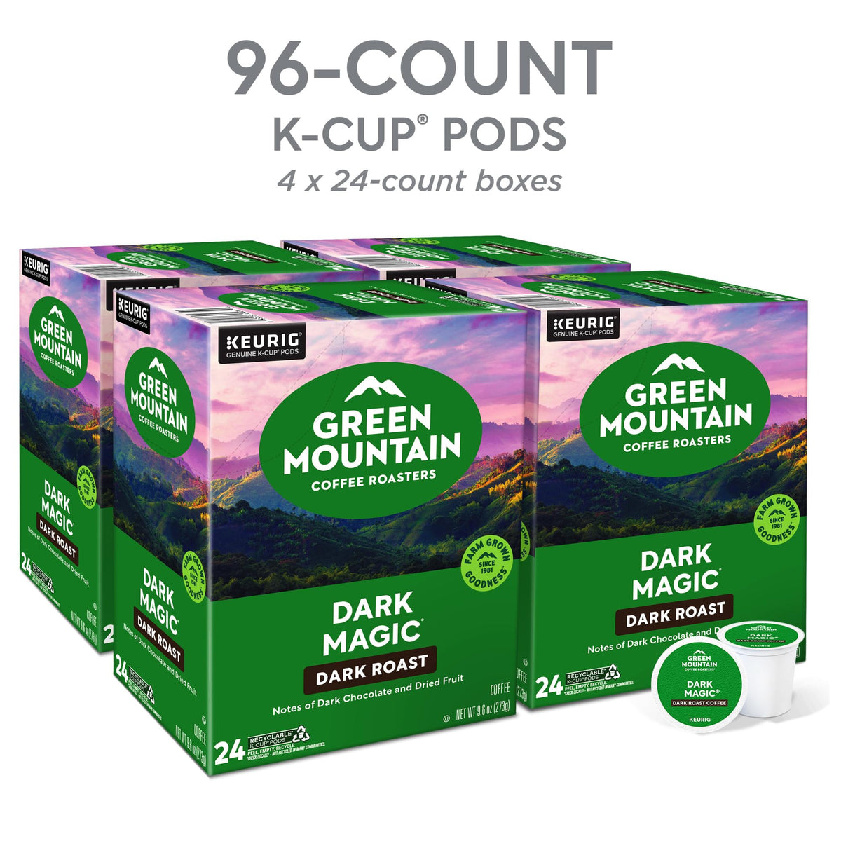 Steaming Green Mountain Dark Magic cup highlights intense aroma and quick brew.