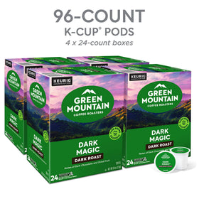 Steaming Green Mountain Dark Magic cup highlights intense aroma and quick brew.