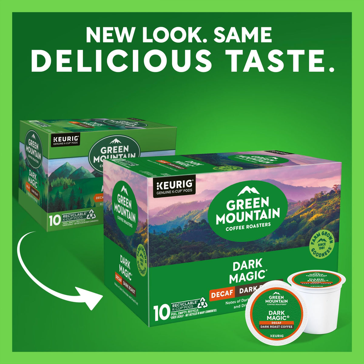 Green Mountain Dark Magic Decaf Brew Cup with rich aroma.