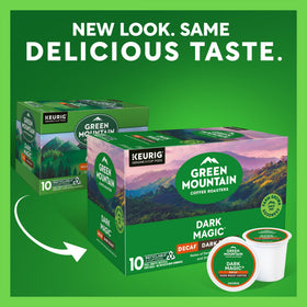 Green Mountain Dark Magic Decaf Brew Cup with rich aroma.