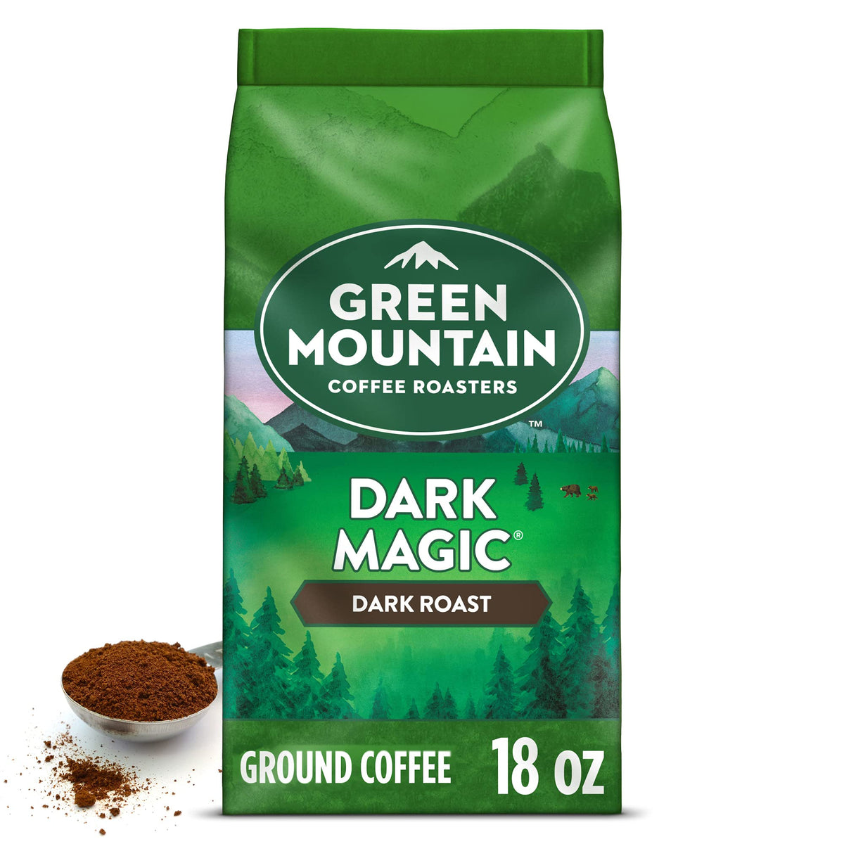 Green Mountain Dark Magic ground coffee in an 18oz bag with bold aroma.
