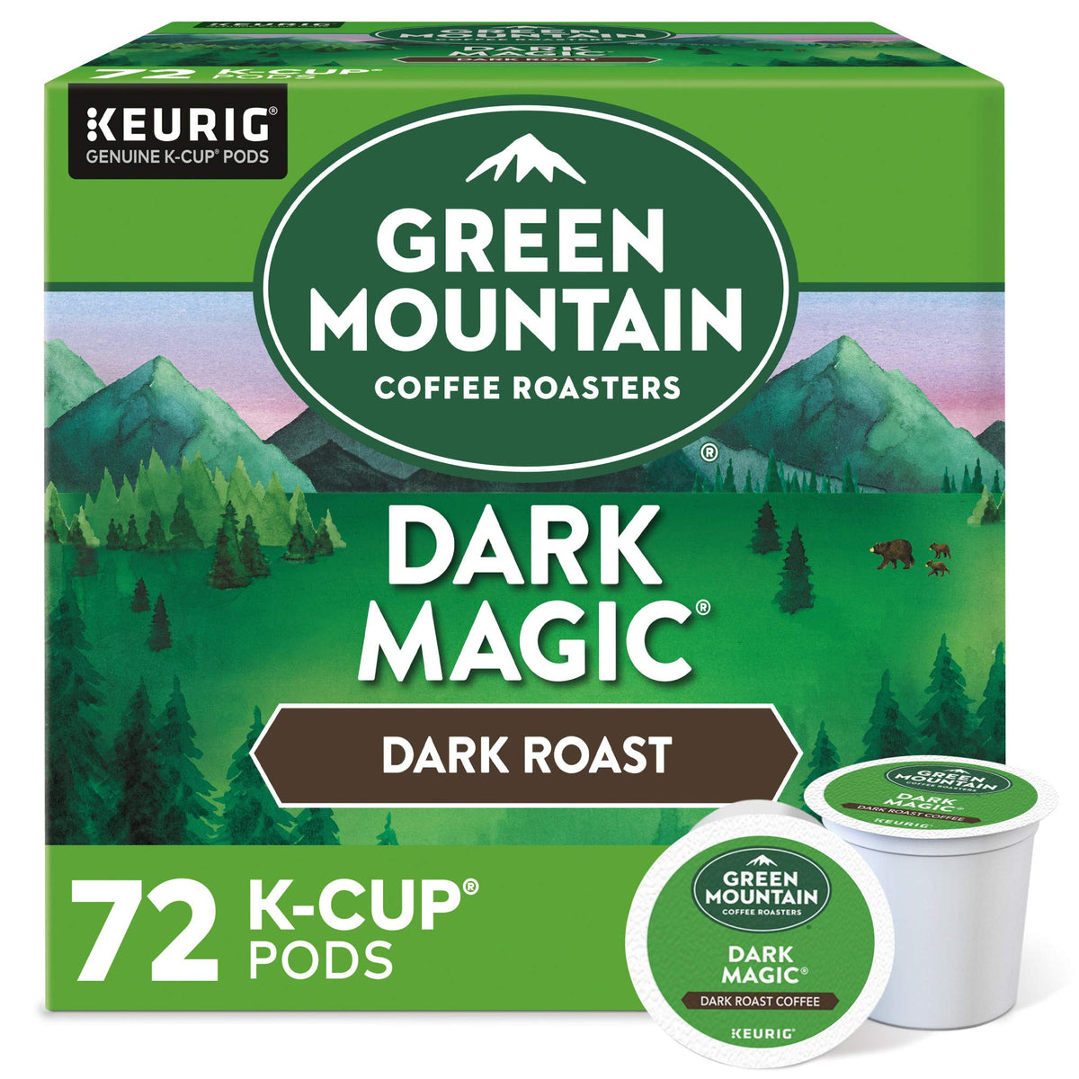 Green Mountain Dark Magic K-Cup pods ready for a bold morning brew.