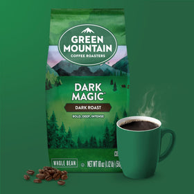 Green Mountain Dark Magic label closeup highlights the extra bold profile.
