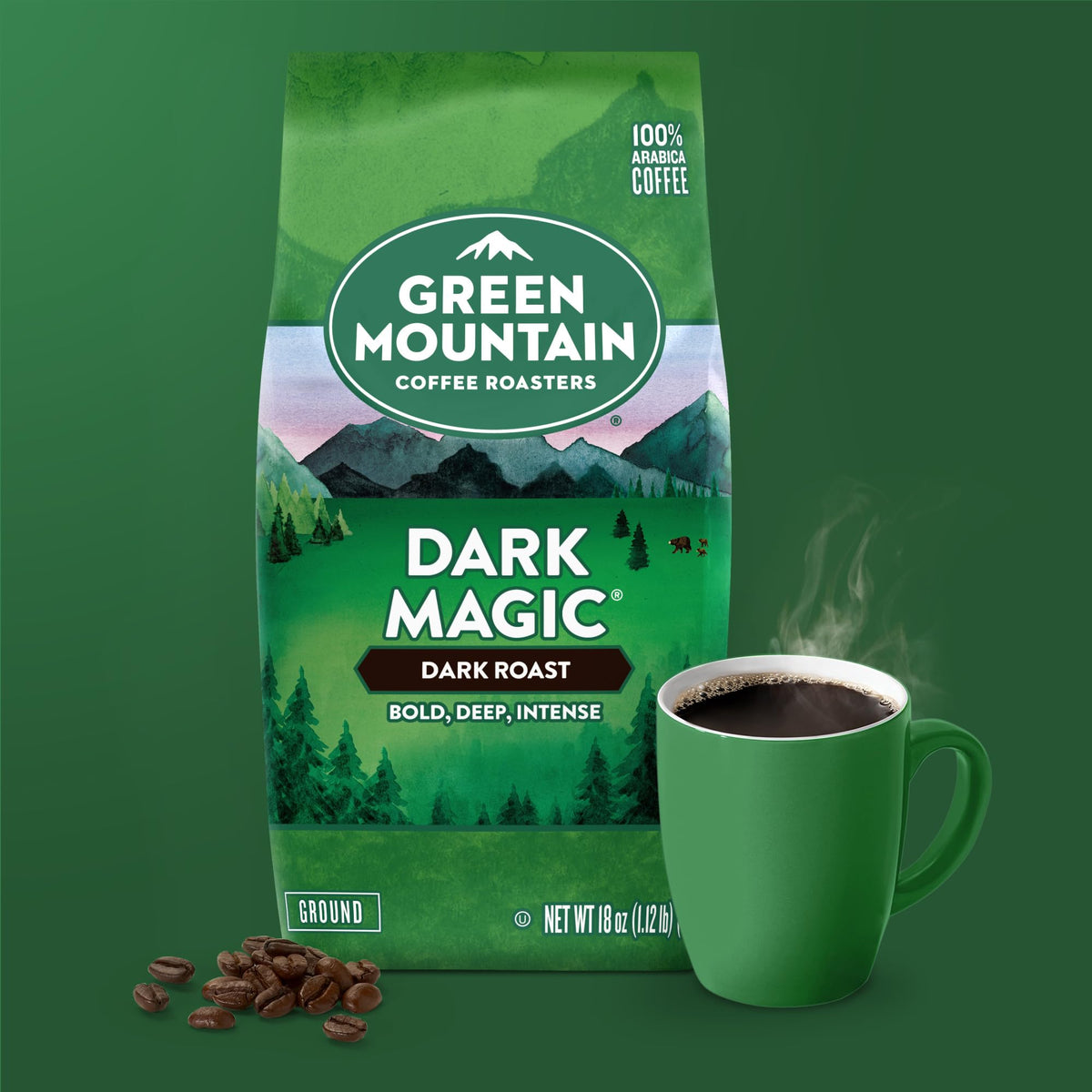 Kitchen scene with Green Mountain Dark Magic logo on the bag.