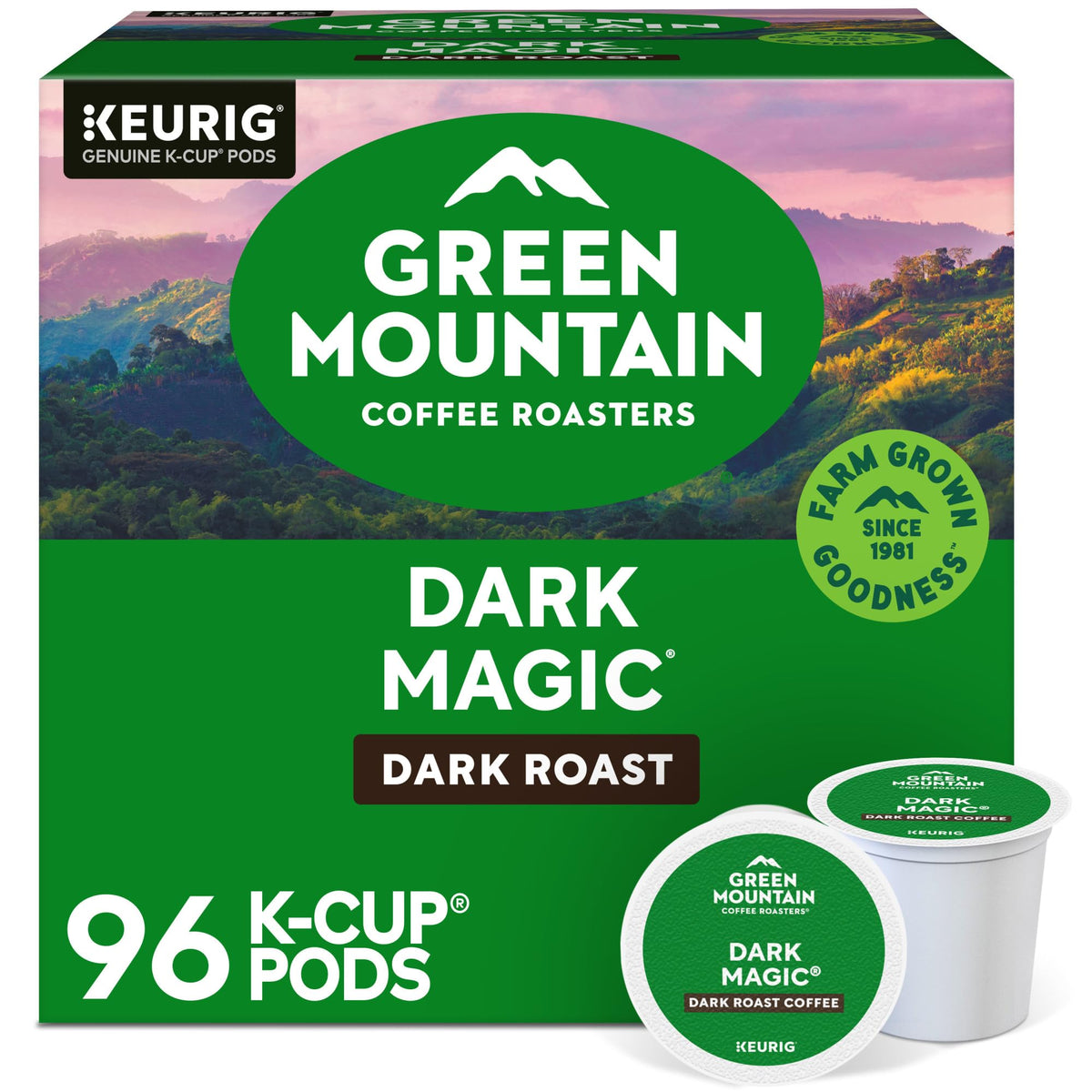 Green Mountain Dark Magic packaging showcases bold flavor for mornings.