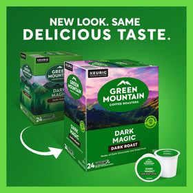 Close-up of Green Mountain Dark Magic K-Cup pod emphasizes convenience and richness.