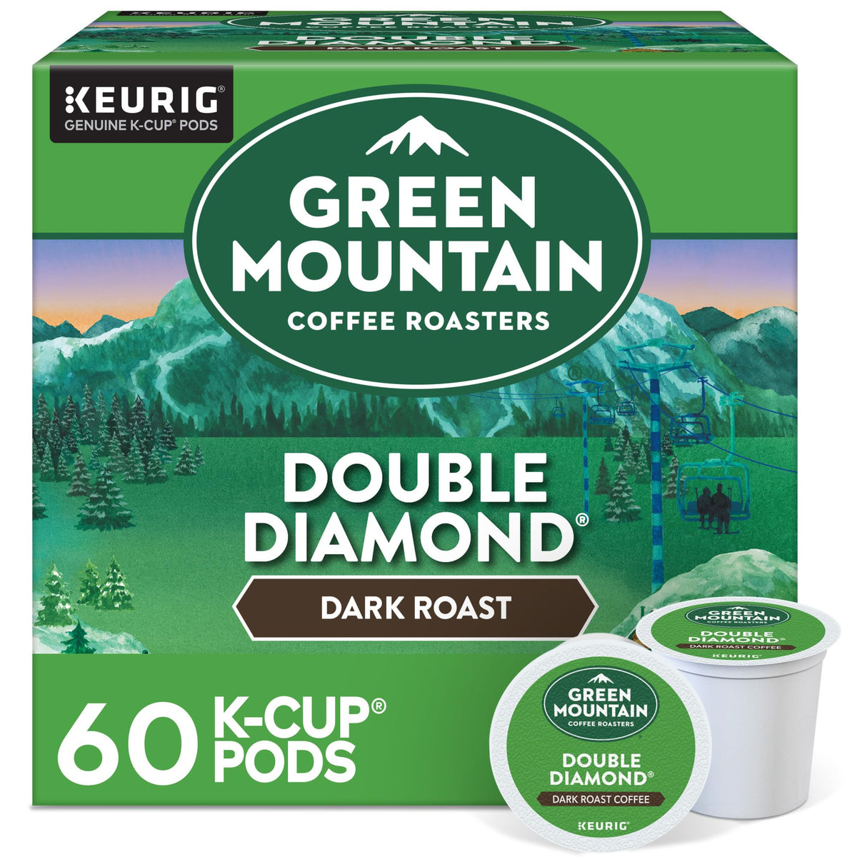 Green Mountain Double Diamond K-Cup pods packaging shows premium sourcing for a richer brew.