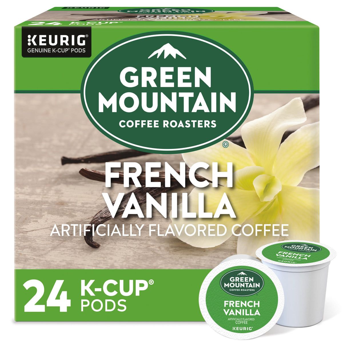 Green Mountain French Vanilla pod front-pack, 24-count box for home brews.