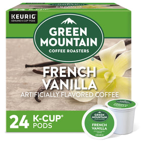 Green Mountain French Vanilla pod front-pack, 24-count box for home brews.