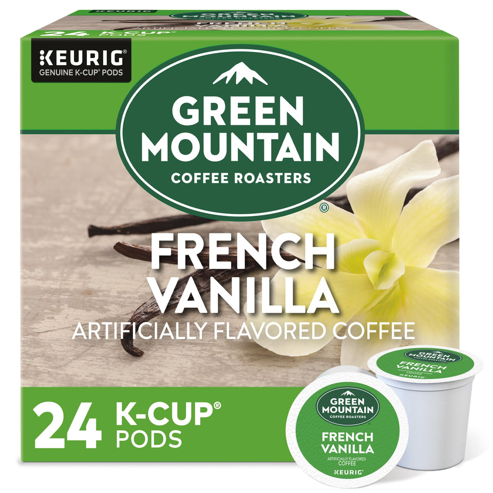 Green Mountain French Vanilla pod front-pack, 24-count box for home brews.
