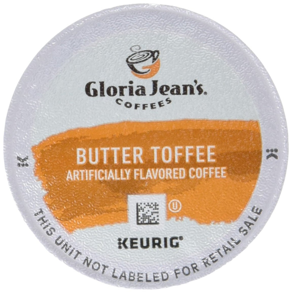 Green Mountain Gloria Jeans Butter Toffee K-Cups box on counter, ideal for quick mornings.