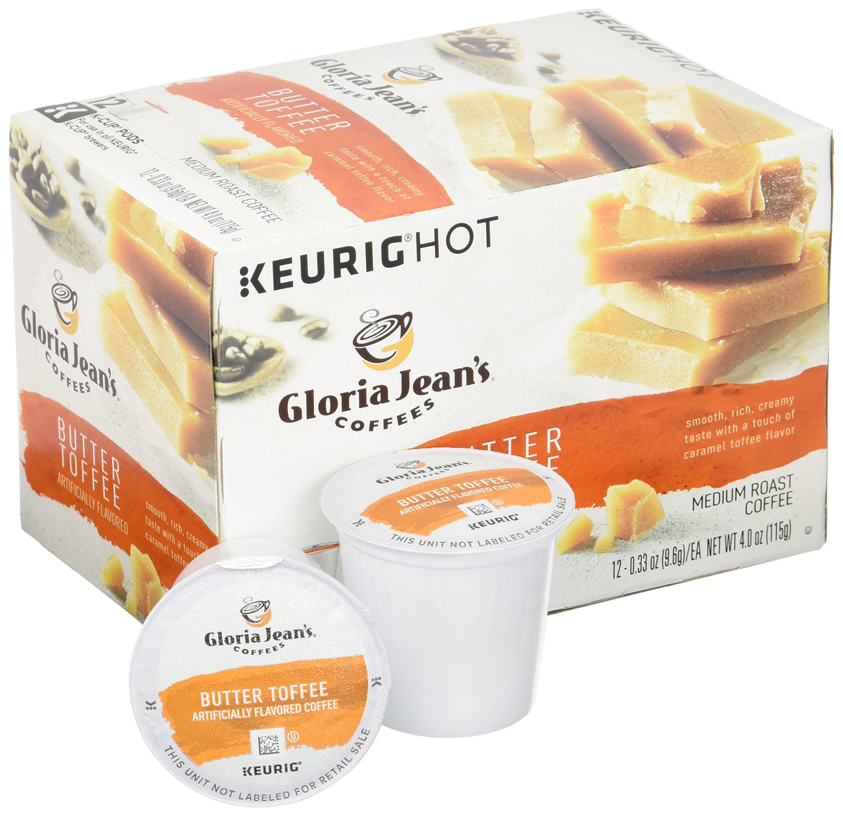 Close-up of Butter Toffee K-Cups, highlighting rich aroma and flavor potential.