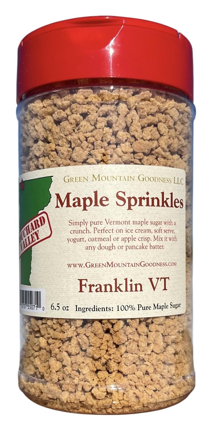 Green Mountain Goodness maple sprinkles bottle showcasing pure maple crunch, great for toppings.