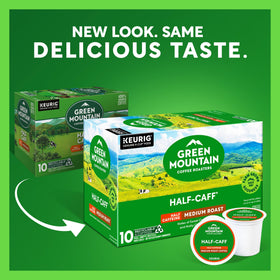 Green Mountain Half-Caff beans and cup highlight a chocolate hazelnut flavor