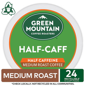 Close-up of Green Mountain Half Caff beans, showcasing a balanced flavor profile.