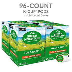 Green Mountain Half Caff brew steaming cup showcasing chocolate and raisin notes.