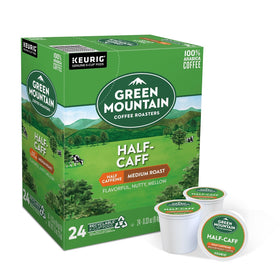 Green Mountain Half Caff coffee cup with rich aroma, ideal for afternoon sipping.