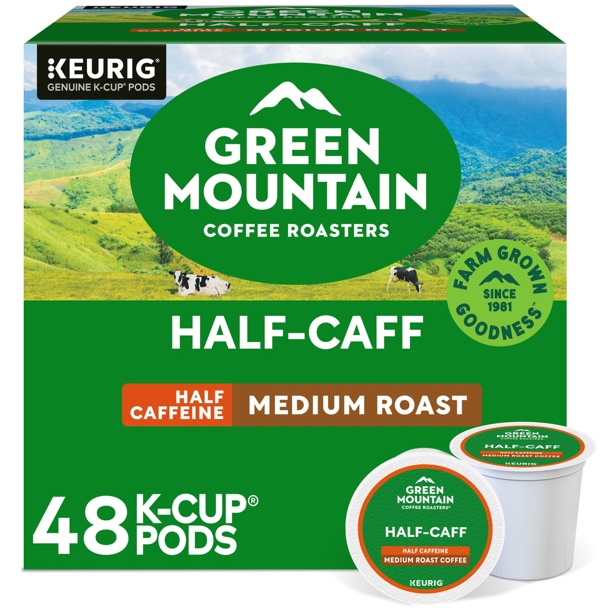 Green Mountain Half Caff K-Cup Pods packaging highlights sustainability and convenience