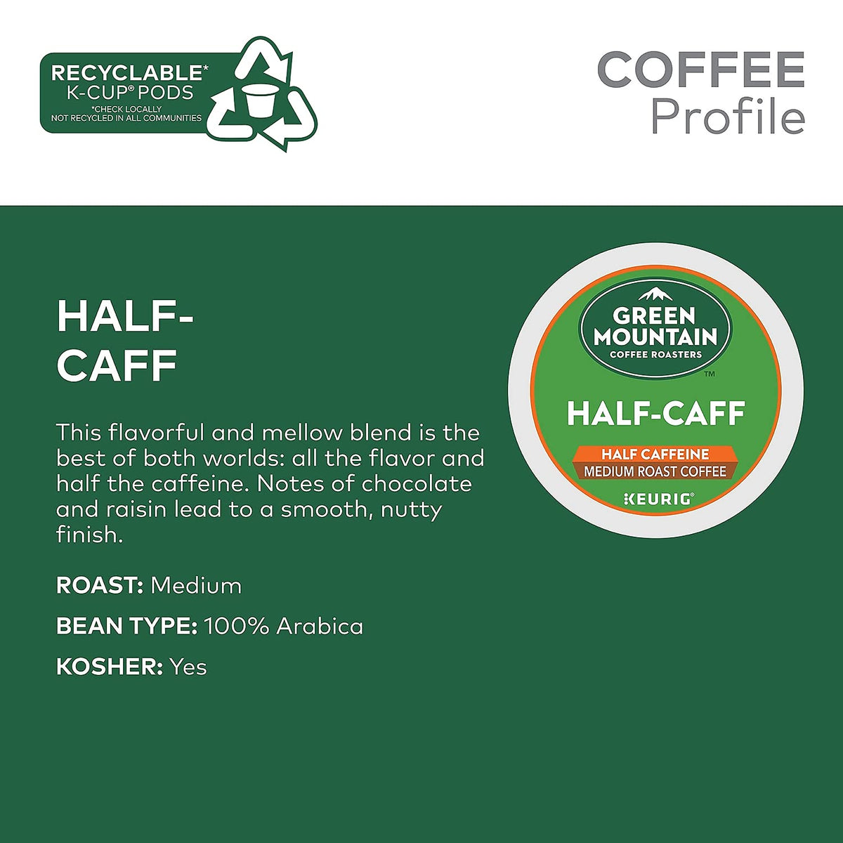 Green Mountain Half Caff K-Cups on a desk scene for easy office coffee.