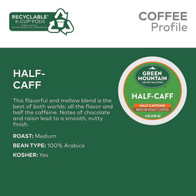Green Mountain Half Caff K-Cups on a desk scene for easy office coffee.