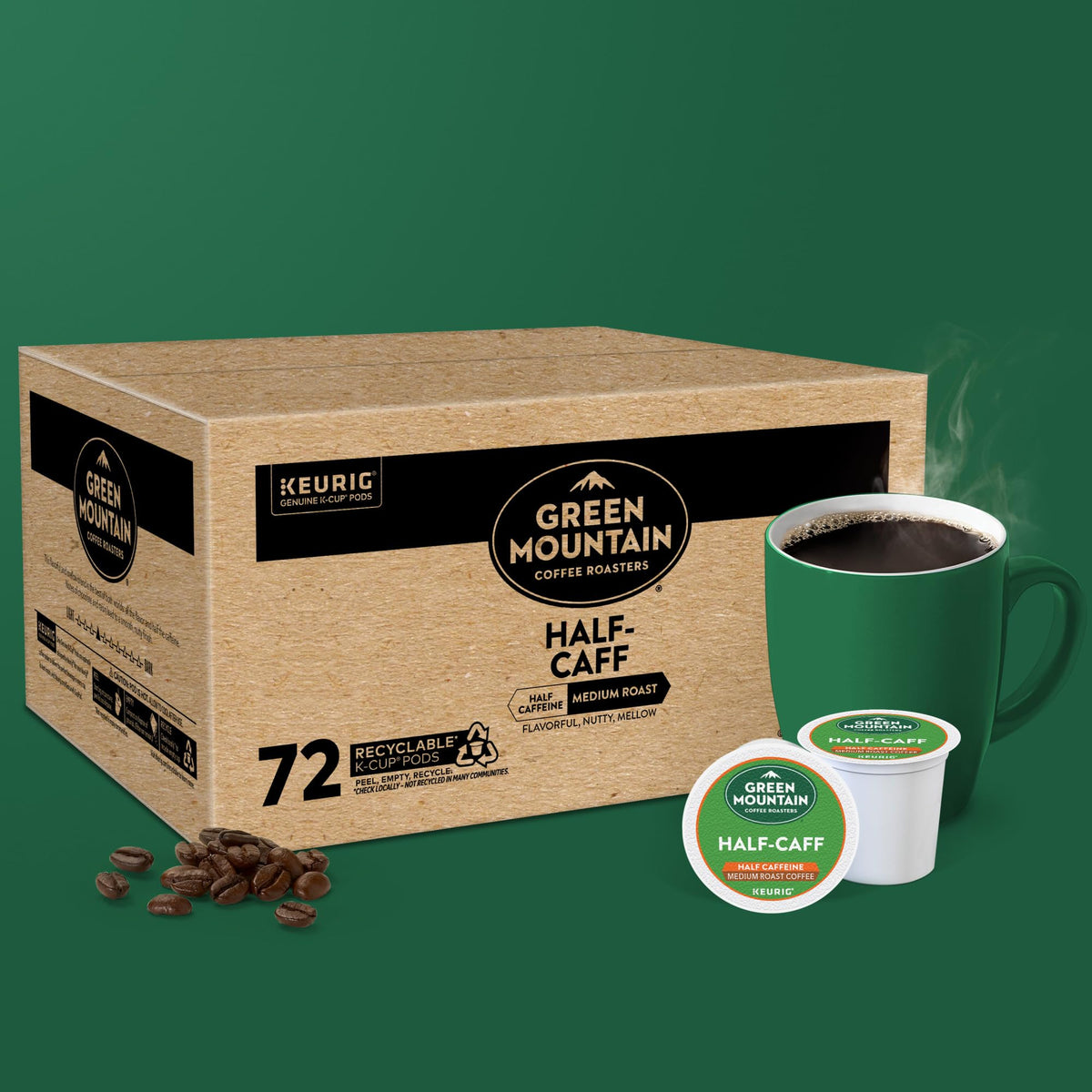 Arabica blend in Green Mountain Half Caff delivers smooth, balanced flavor.