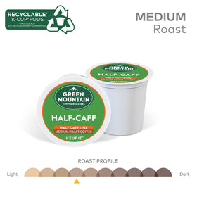 Green Mountain Half Caff K-Cups in a medium roast lineup for daily use.