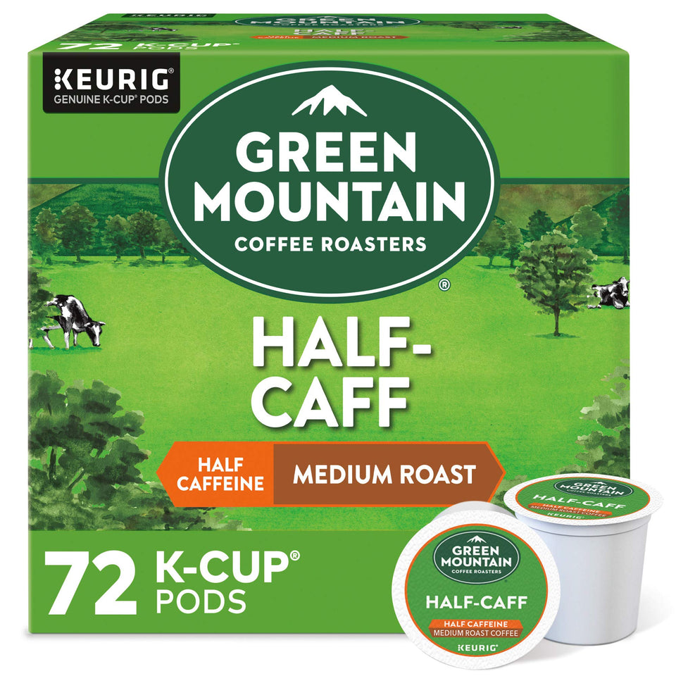 Green Mountain Half Caff K-Cup packaging highlights sustainable sourcing and recyclability.