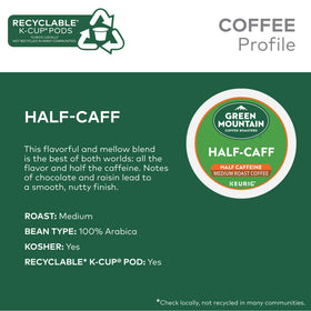 Green Mountain Half Caff flavor notes: chocolate and raisin with a nutty finish.