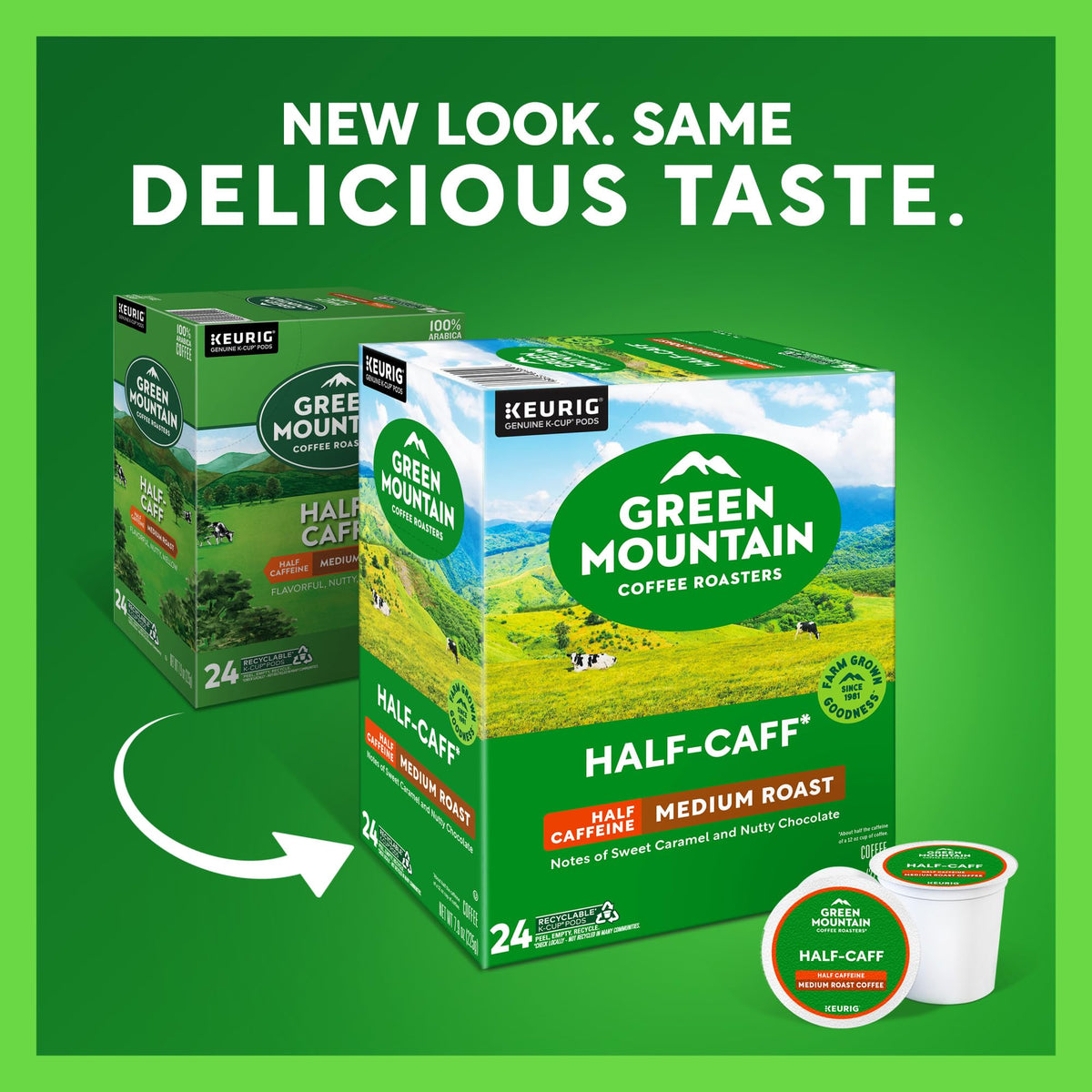 Green Mountain Half Caff Keurig pod in a coffee station for quick, smoother caffeine.
