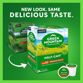 Green Mountain Half Caff Keurig pod in a coffee station for quick, smoother caffeine.