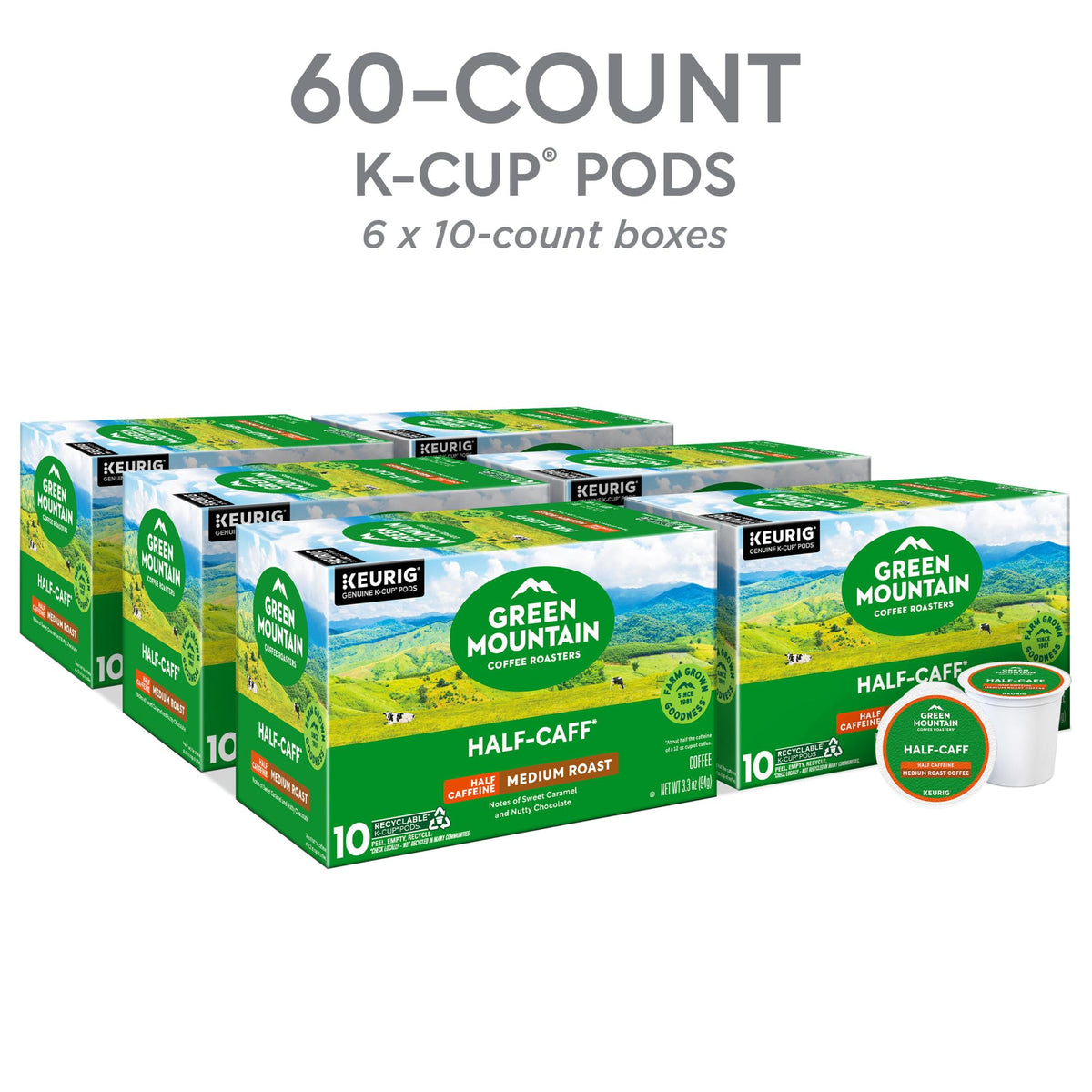 Green Mountain Half-Caff medium roast package and mug convey approachable coffee