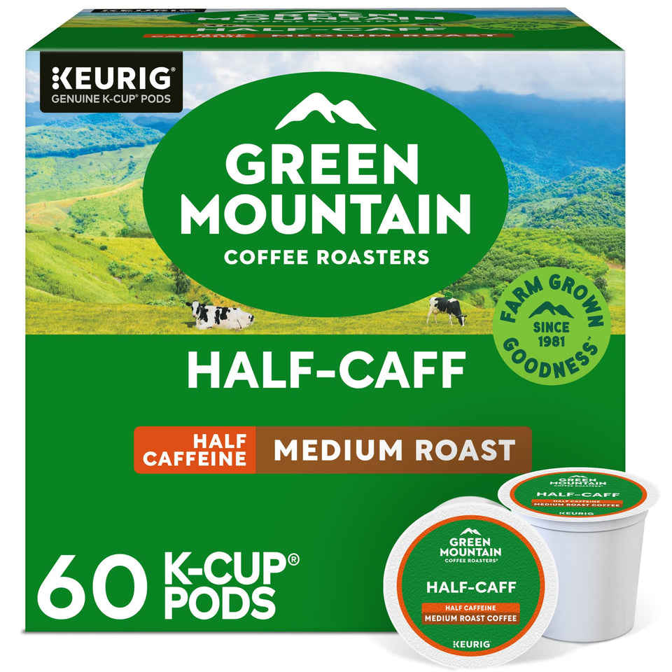Green Mountain Half-Caff mountains scene showing a balanced cup for outdoor energy