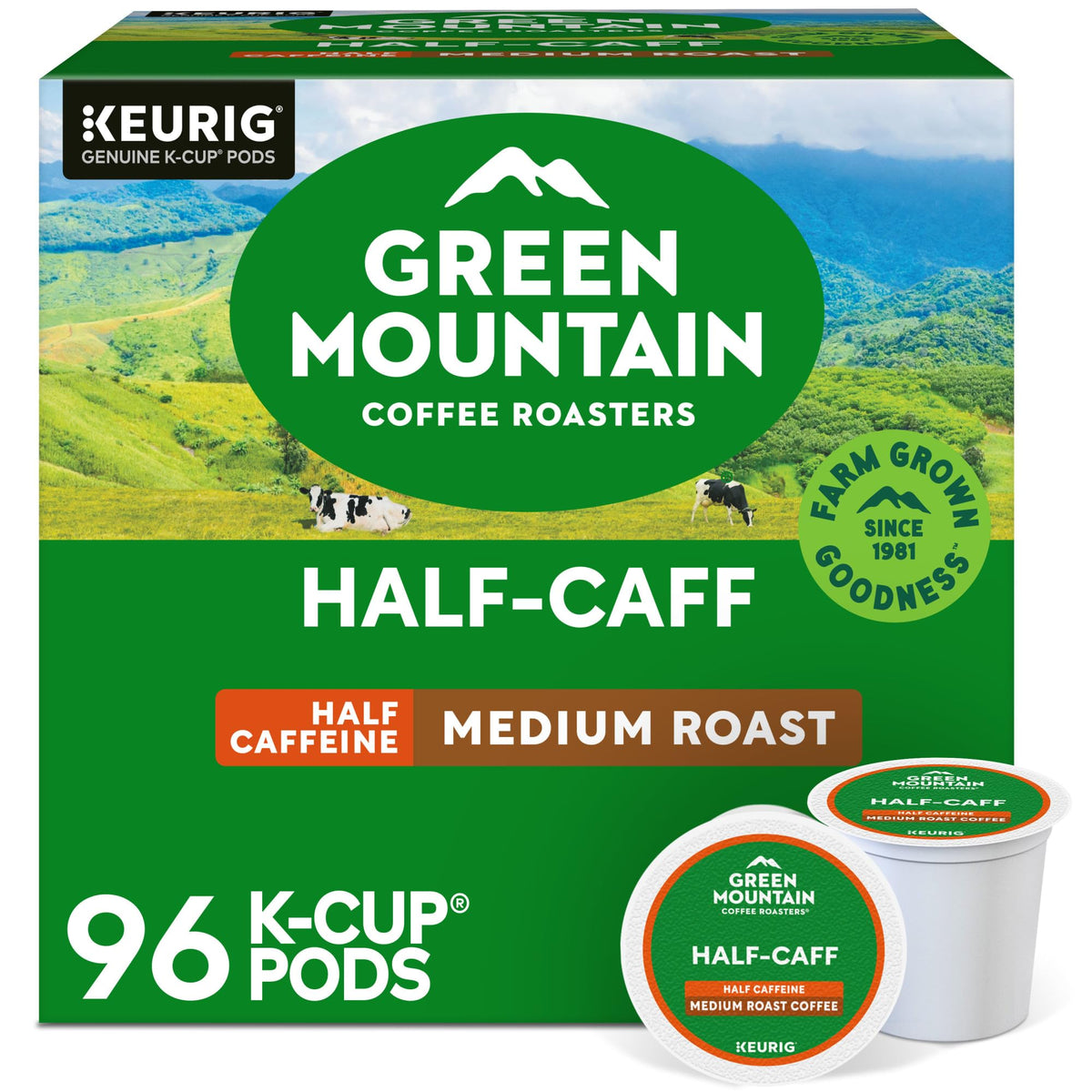 Green Mountain Half Caff pod closeup for a balanced start to the day.