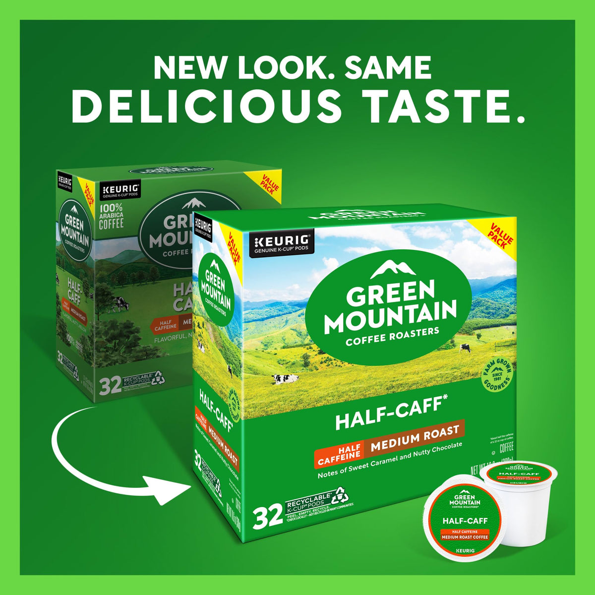 Protective sleeve keeps Green Mountain Half Caff pods fresh