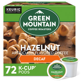 Green Mountain Hazelnut Decaf K-Cup pods ready for brewing.