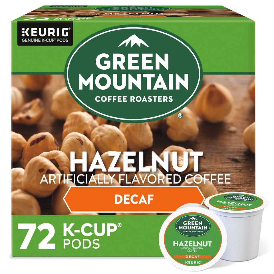 Green Mountain Hazelnut Decaf K-Cup pods ready for brewing.
