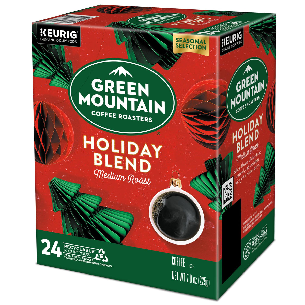 Brewed pour of Green Mountain Holiday Blend in a mug