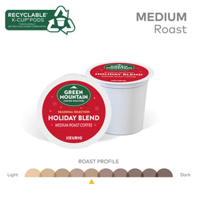 Steaming cup of Green Mountain Holiday Blend coffee