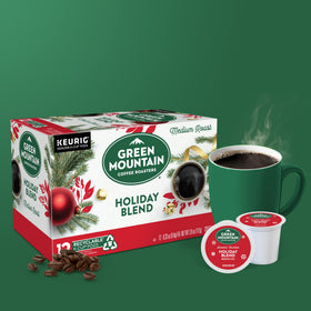 Green Mountain Holiday Blend sustainable sourcing badge on packaging conveys responsibility