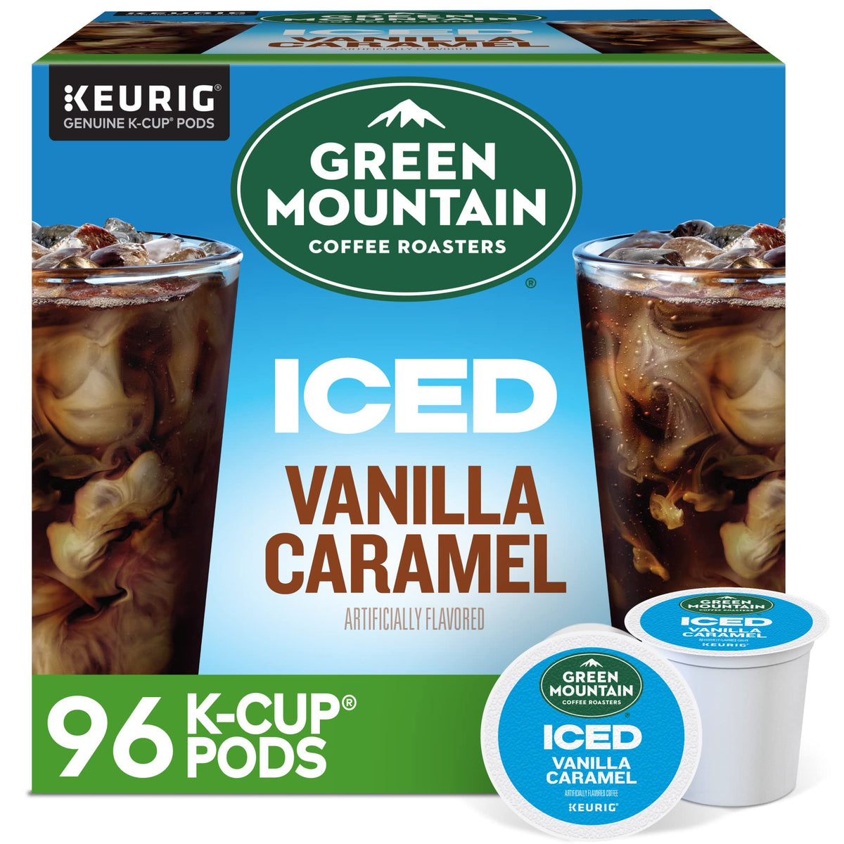 Green Mountain Coffee Roasters ICED Vanilla Caramel pods on ice for a refreshing boost